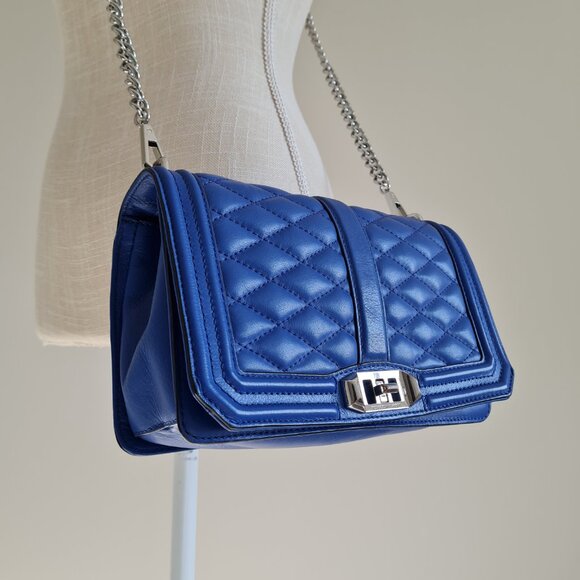 Rebecca Minkoff Diamond Quilted Love Crossbody Cobalt Blue Silver Shoulder Bag - Picture 3 of 12